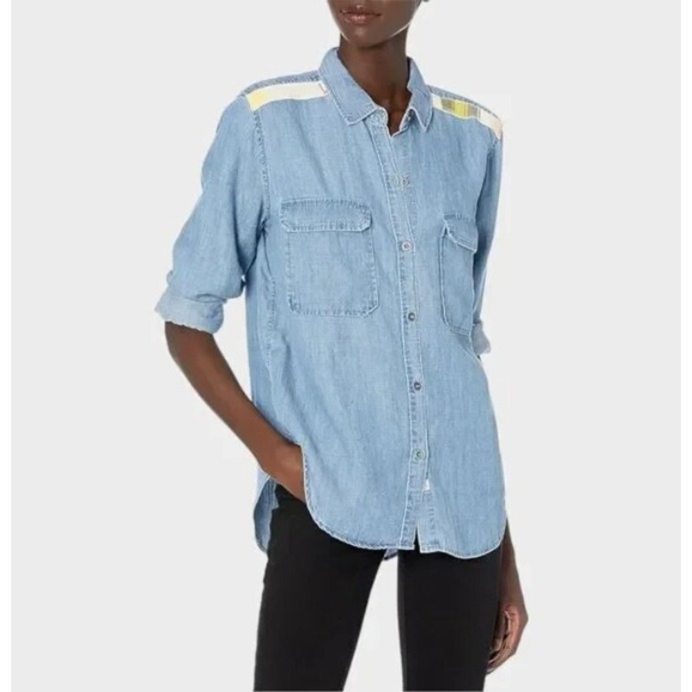 Rails Jimi Aztec Linen Blend Shirt Chambray Western Chest Pockets Epaulette XS